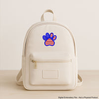 Machine embroidery design of a paw with the American flag inside, great for patriotic pet lovers.