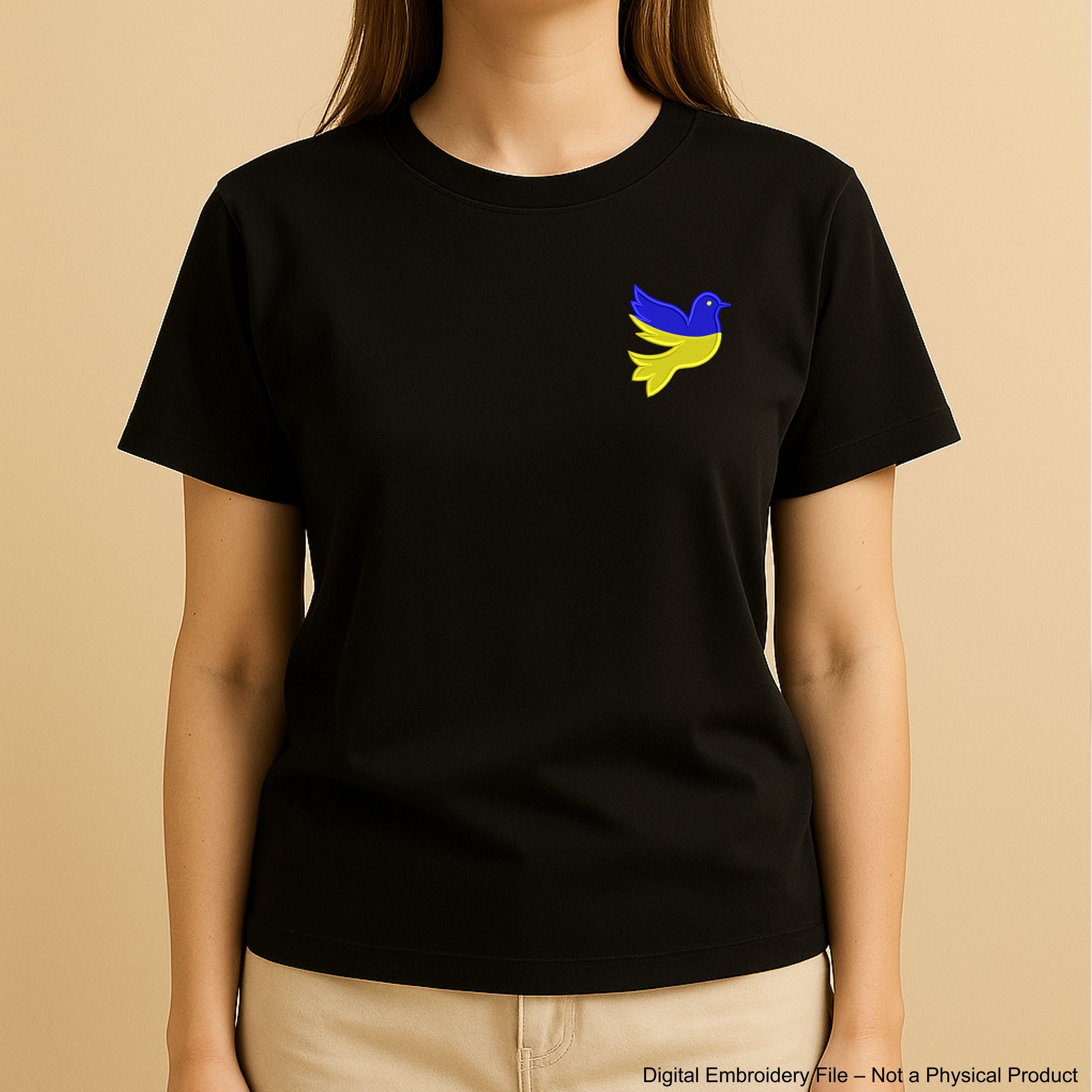 Ukrainian flag embroidery design shaped like a dove with a satin border – ideal for patches or stitching on shirts, bags, or decor.