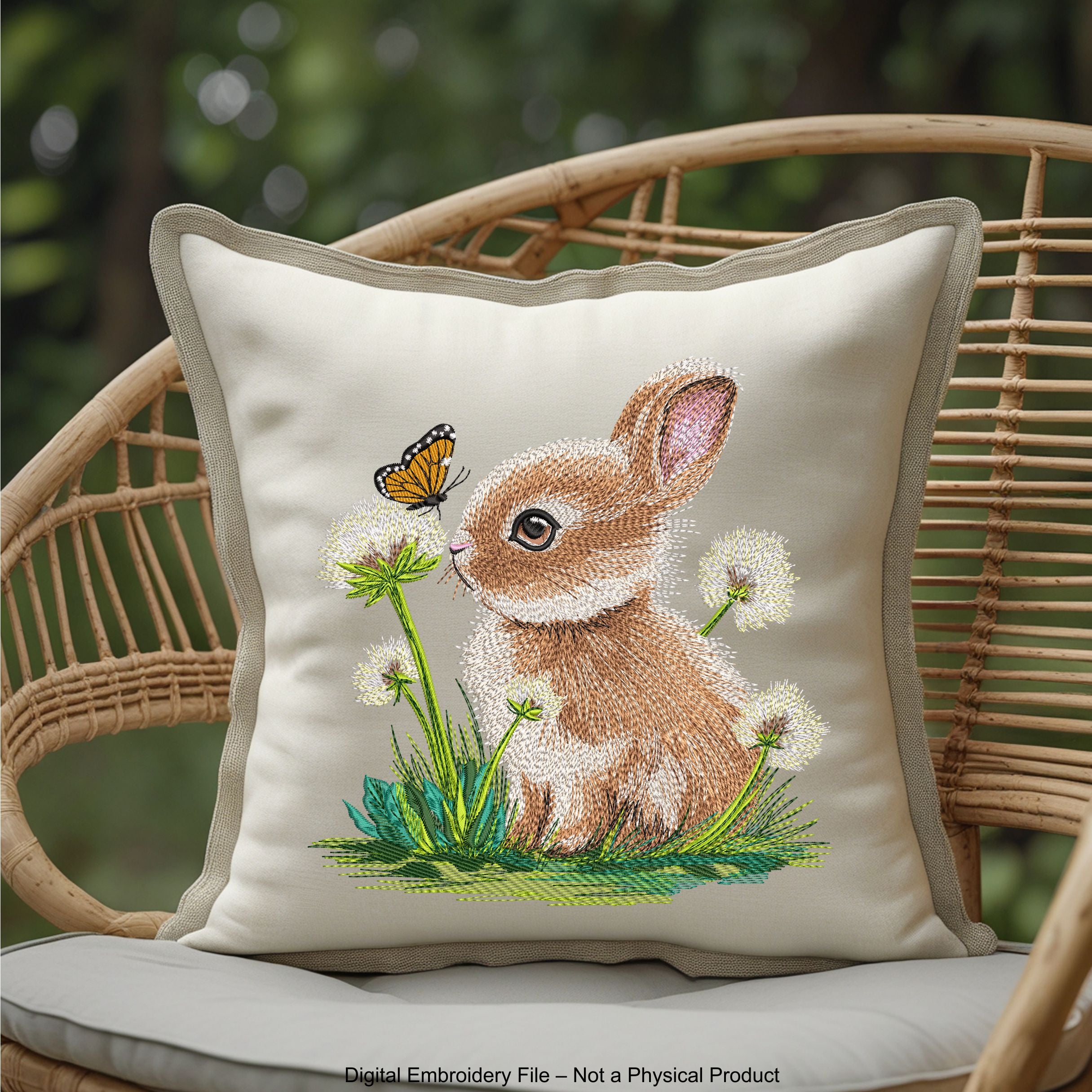 Detailed machine embroidery design of a fluffy brown and white bunny sitting in green grass with white dandelions and a monarch butterfly.
