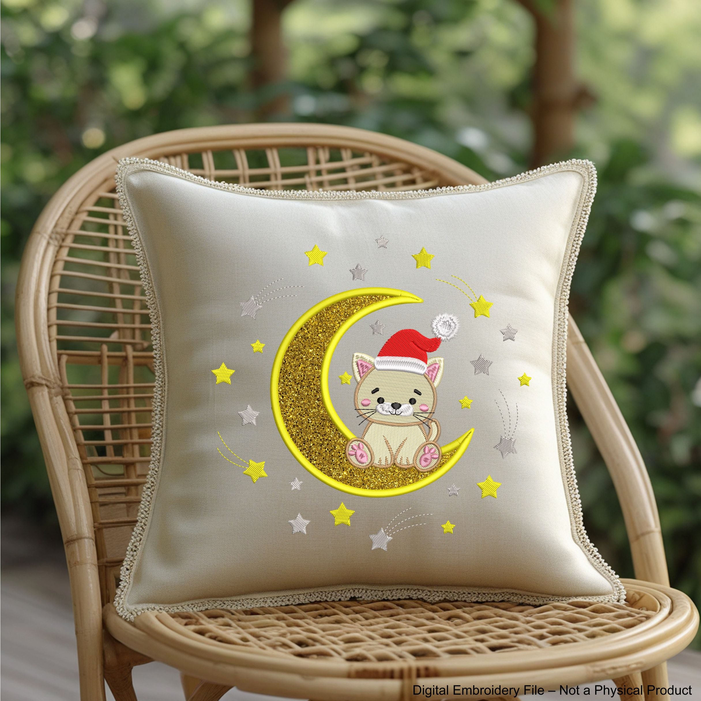 Cute Christmas Cat on Moon Applique Machine Embroidery Design with Santa Hat and Stars