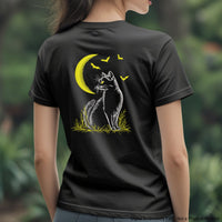 Halloween machine embroidery design with cat on the moon and flying bats – light outline, perfect for dark fabric.