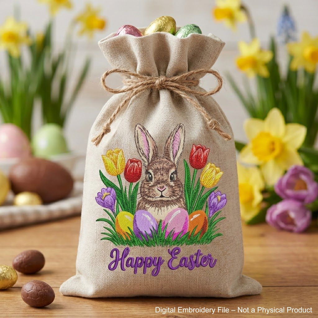 Easter bunny embroidery design with spring flowers eggs and Happy Easter text
