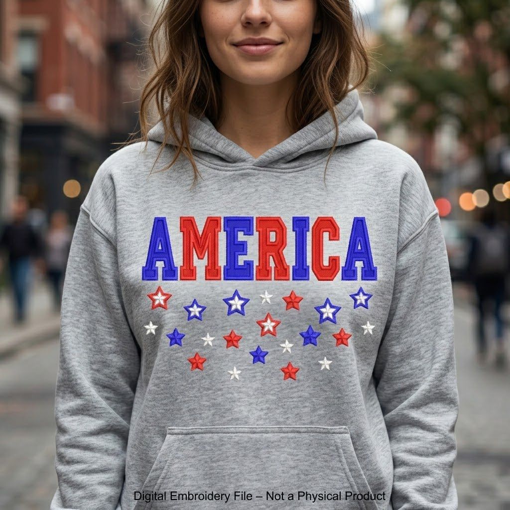 Machine embroidery design featuring the word “America” in bold red and blue letters with scattered red, white, and blue stars below, perfect for patriotic projects.