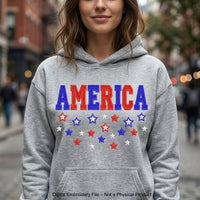 Machine embroidery design featuring the word “America” in bold red and blue letters with scattered red, white, and blue stars below, perfect for patriotic projects.