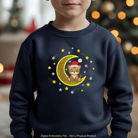 Cute Christmas Tiger Sitting on Moon Applique Embroidery Design with Santa Hat and Stars