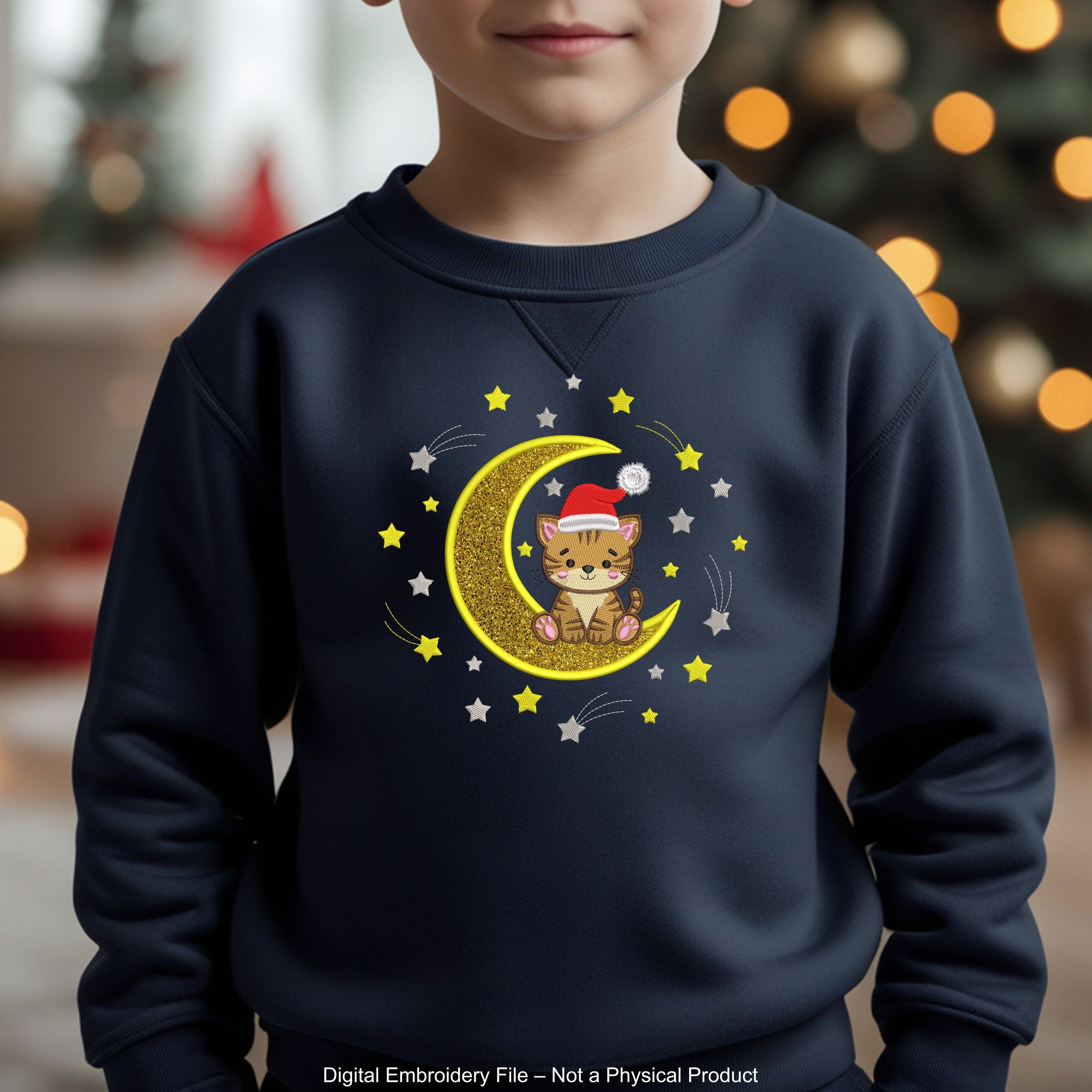 Cute Christmas Tiger Sitting on Moon Applique Embroidery Design with Santa Hat and Stars