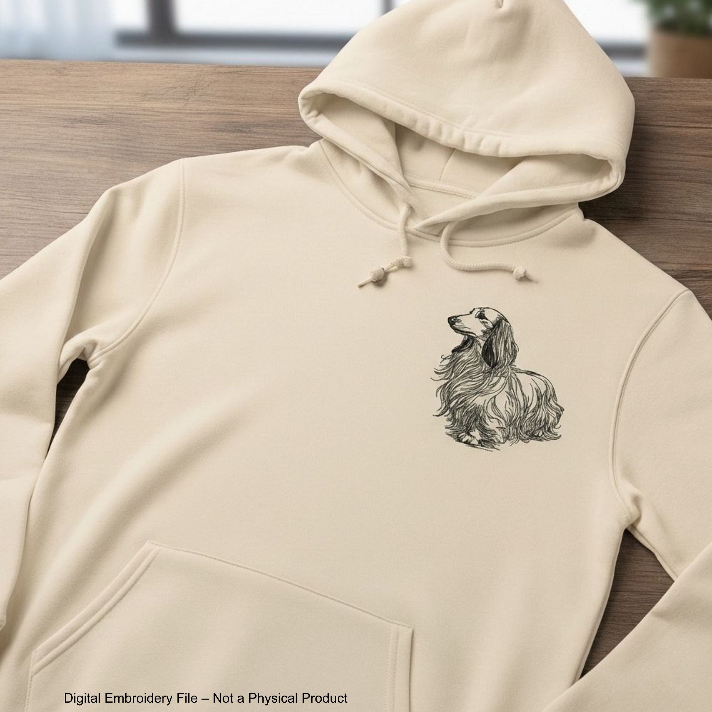 Long haired dachshund line art machine embroidery design in single color digital file for instant download.