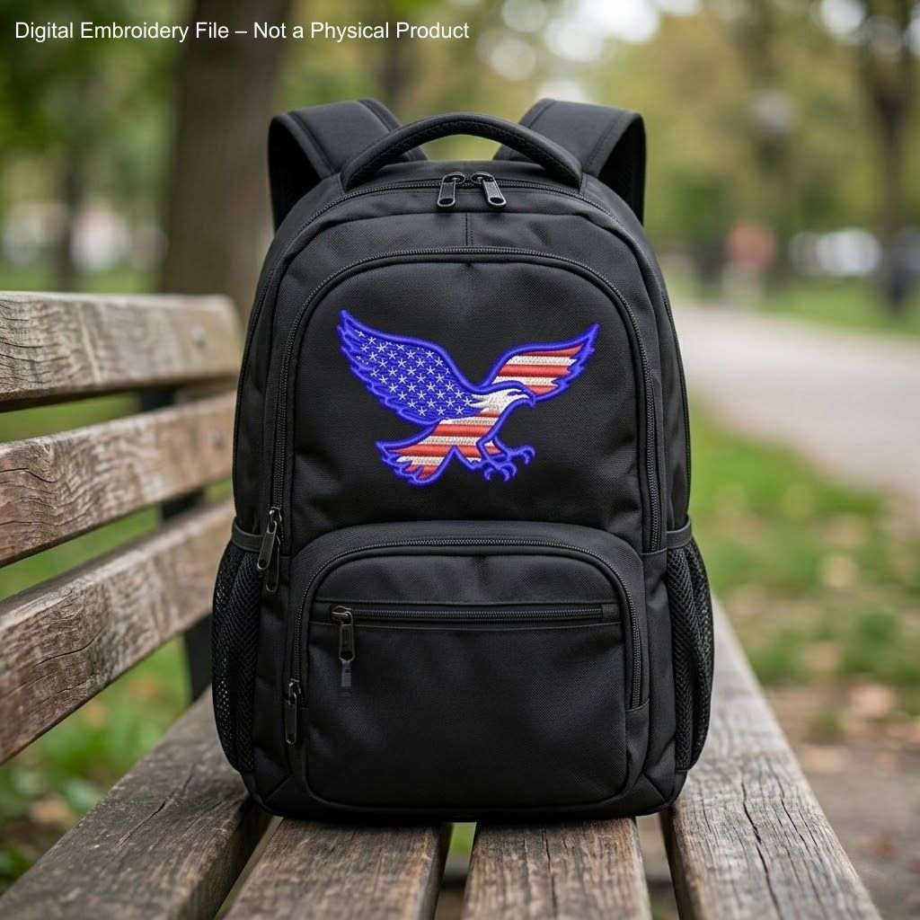 Machine embroidery design of a bald eagle in USA flag colors, perfect for patriotic patches and decor.