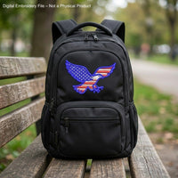 Machine embroidery design of a bald eagle in USA flag colors, perfect for patriotic patches and decor.