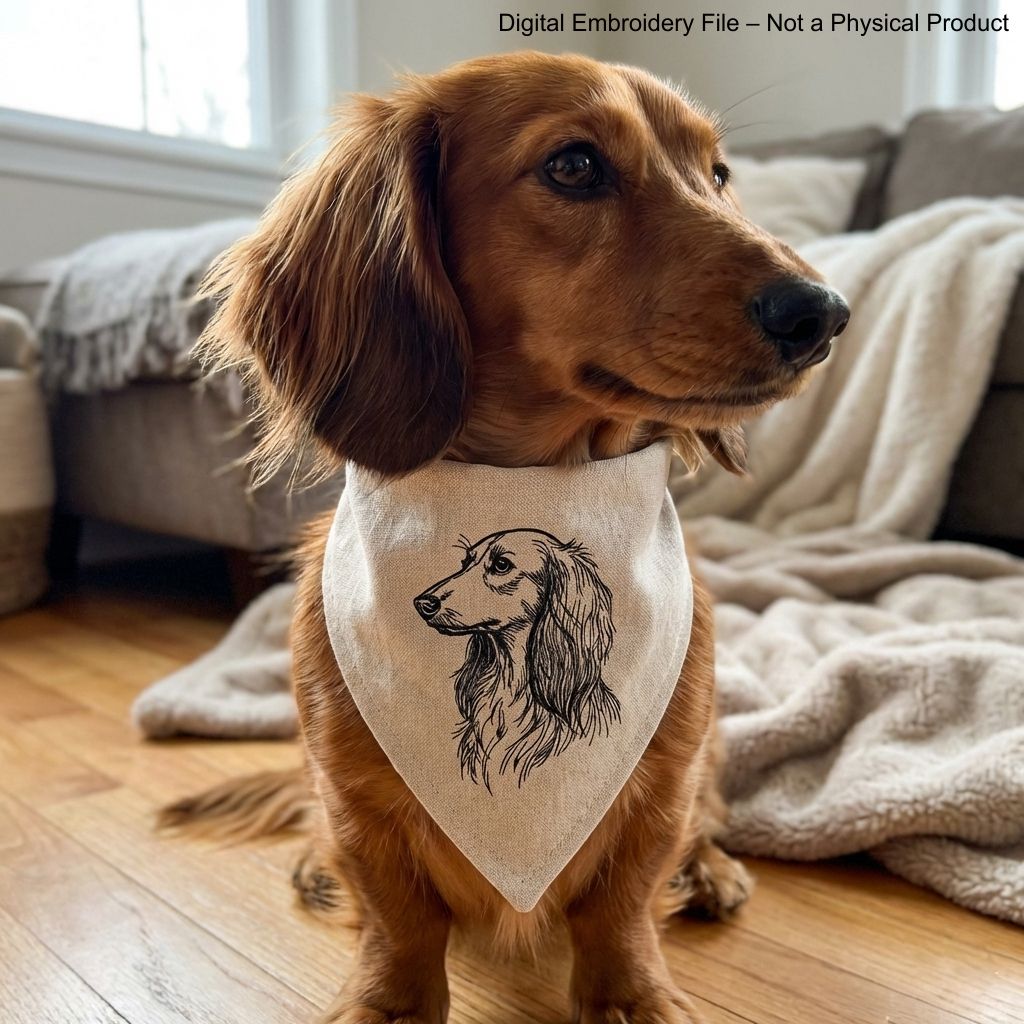 Long haired dachshund side profile portrait line art embroidery pattern.