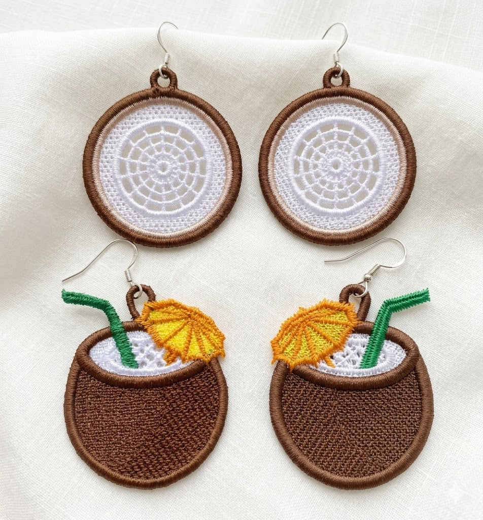 FSL coconut embroidery designs in two styles — round coconut slice with white lace interior and coconut cocktail with straw and umbrella — finished stitched results and design preview, Free Standing Lace machine embroidery pattern.