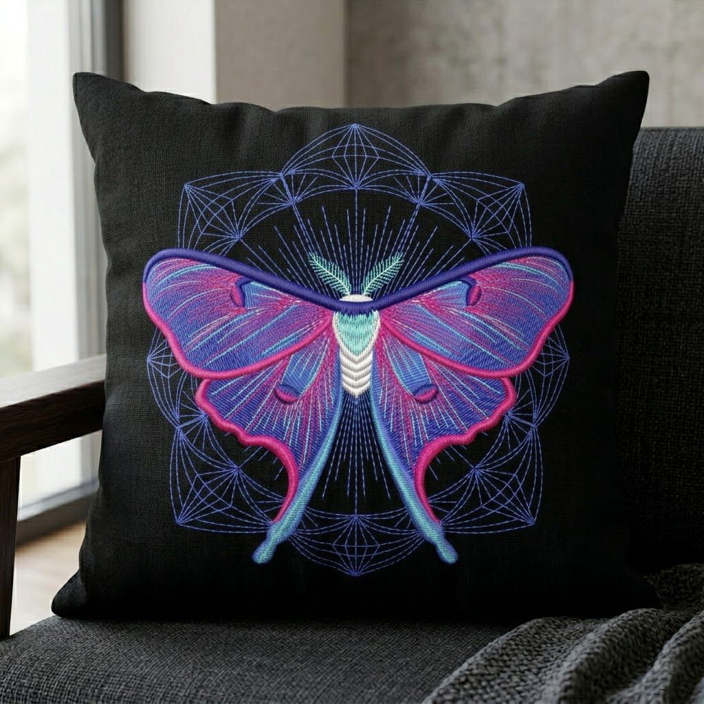 Colorful luna moth machine embroidery design with geometric sacred pattern background