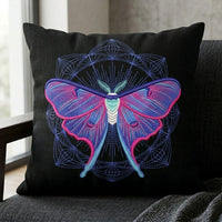 Colorful luna moth machine embroidery design with geometric sacred pattern background
