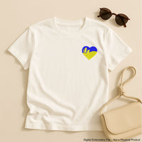 Heart-shaped Ukrainian flag embroidery with wheat stalks and satin border – perfect as a patch or for decorating clothes and bags.