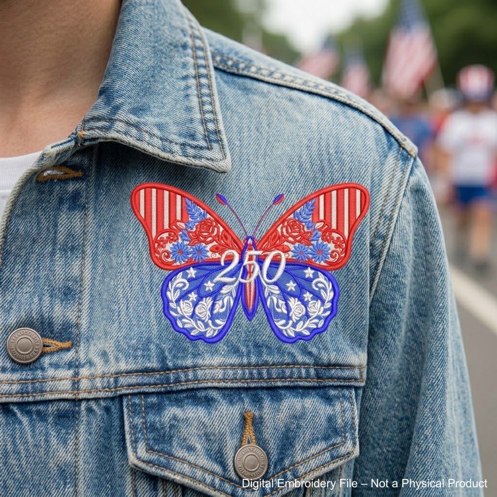 Patriotic butterfly machine embroidery designs in red white and blue with stars stripes and 250 celebration theme.