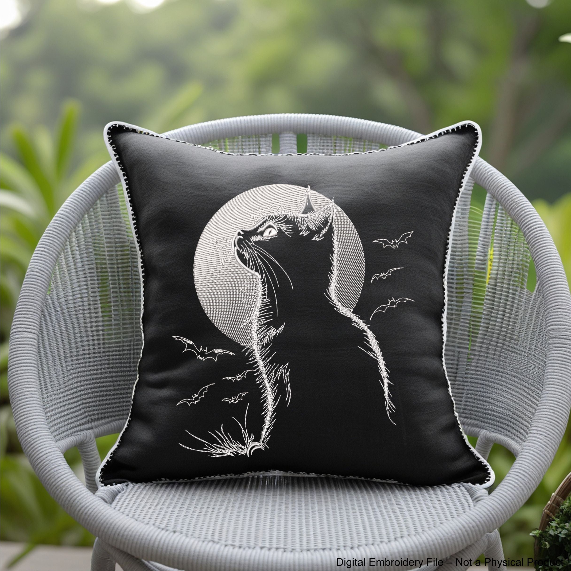 Spooky Halloween embroidery design with cat silhouette, moon, and bats – perfect for stitching on dark fabric.