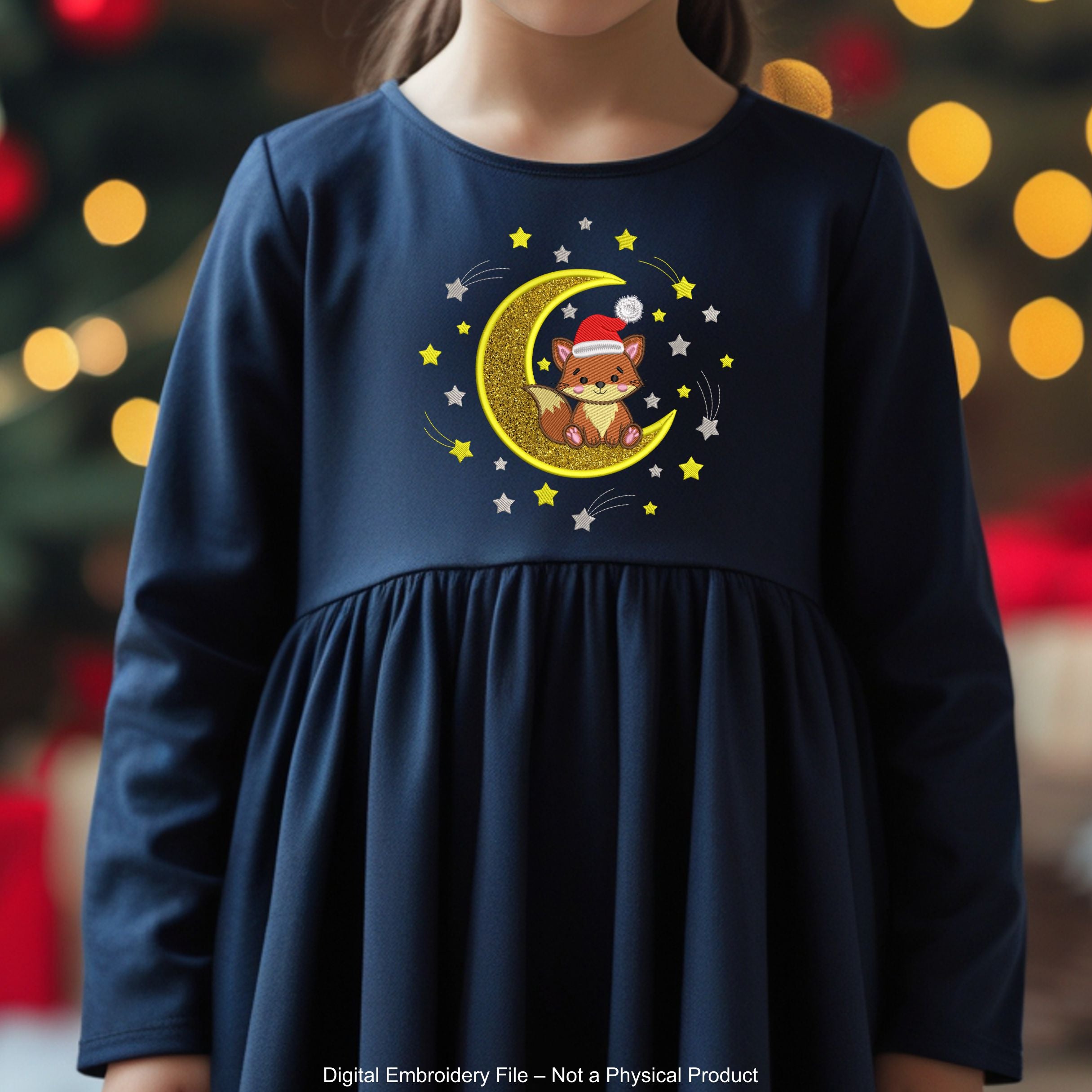 Christmas Fox Sitting on Moon with Santa Hat and Stars — Cute Applique Machine Embroidery Design
