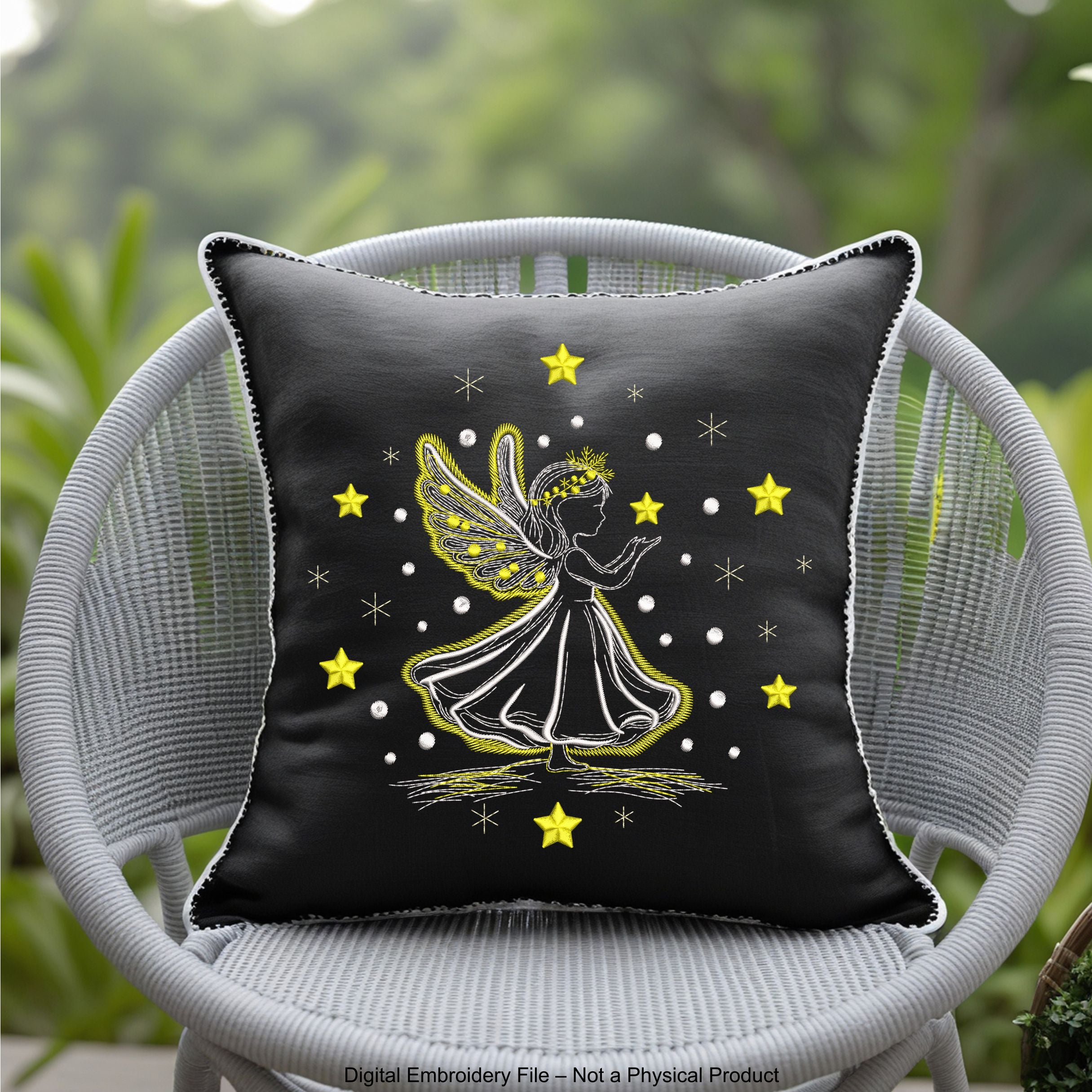 Machine embroidery design of angel girl holding a star, surrounded by sparkling stars, ideal for Christmas or baby projects.
