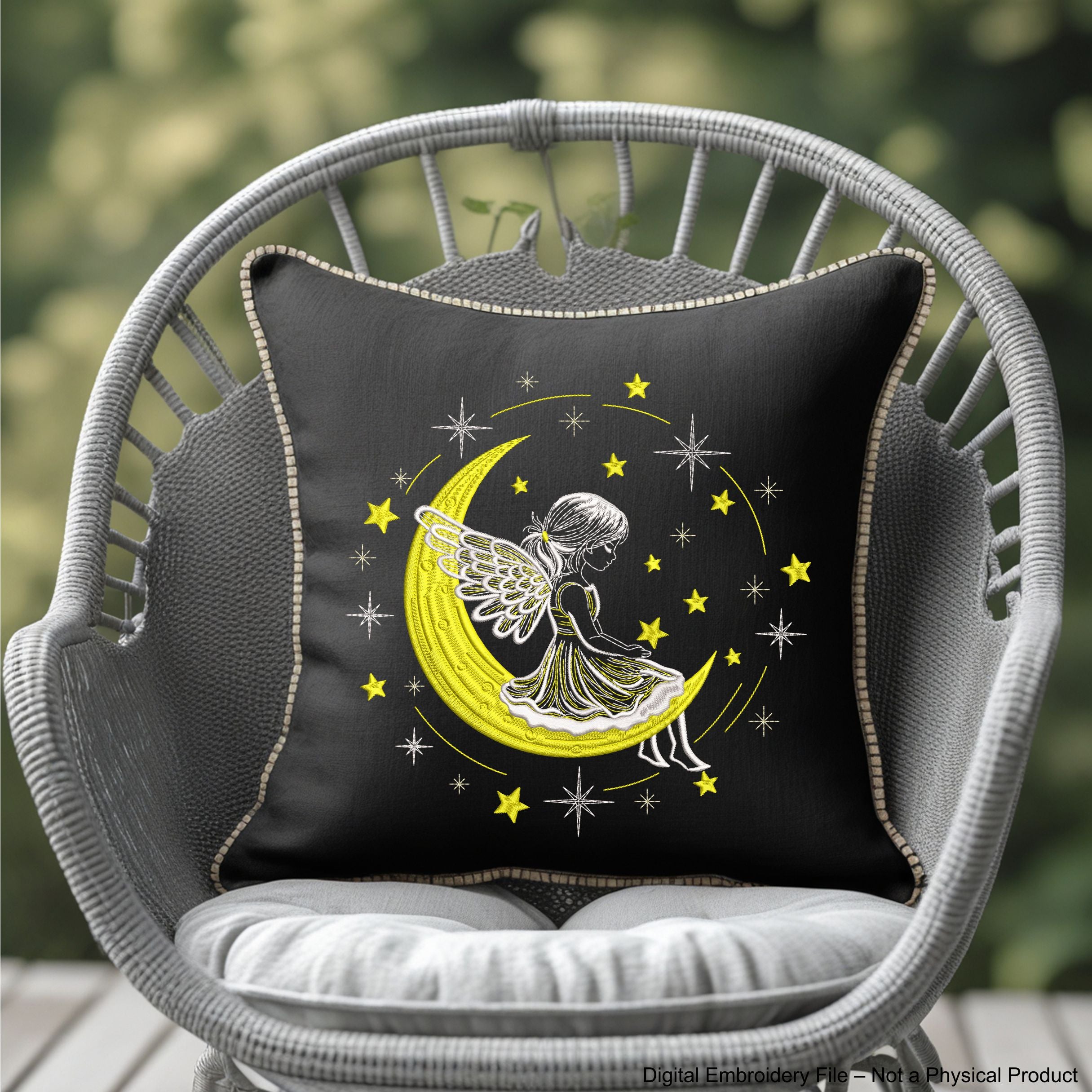 Machine embroidery design of angel girl sitting on the moon surrounded by stars, perfect for Christmas gifts and baby clothes.
