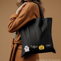 Halloween embroidery design with ghost, bat, pumpkin, and spider in a cute spooky style – perfect for seasonal projects.