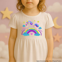 Cute unicorn embroidery design running on a rainbow with stars and clouds – ideal for girls’ clothes or nursery decor.