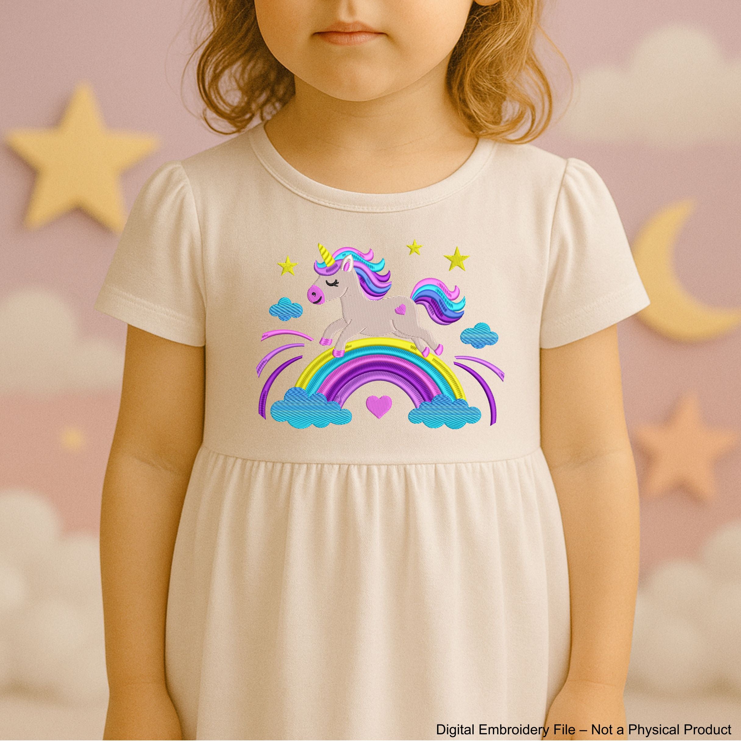 Cute unicorn embroidery design running on a rainbow with stars and clouds – ideal for girls’ clothes or nursery decor.