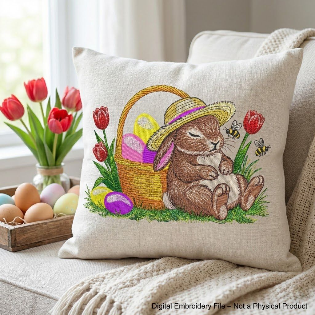 Sleeping Easter bunny machine embroidery design with basket of eggs and spring flowers