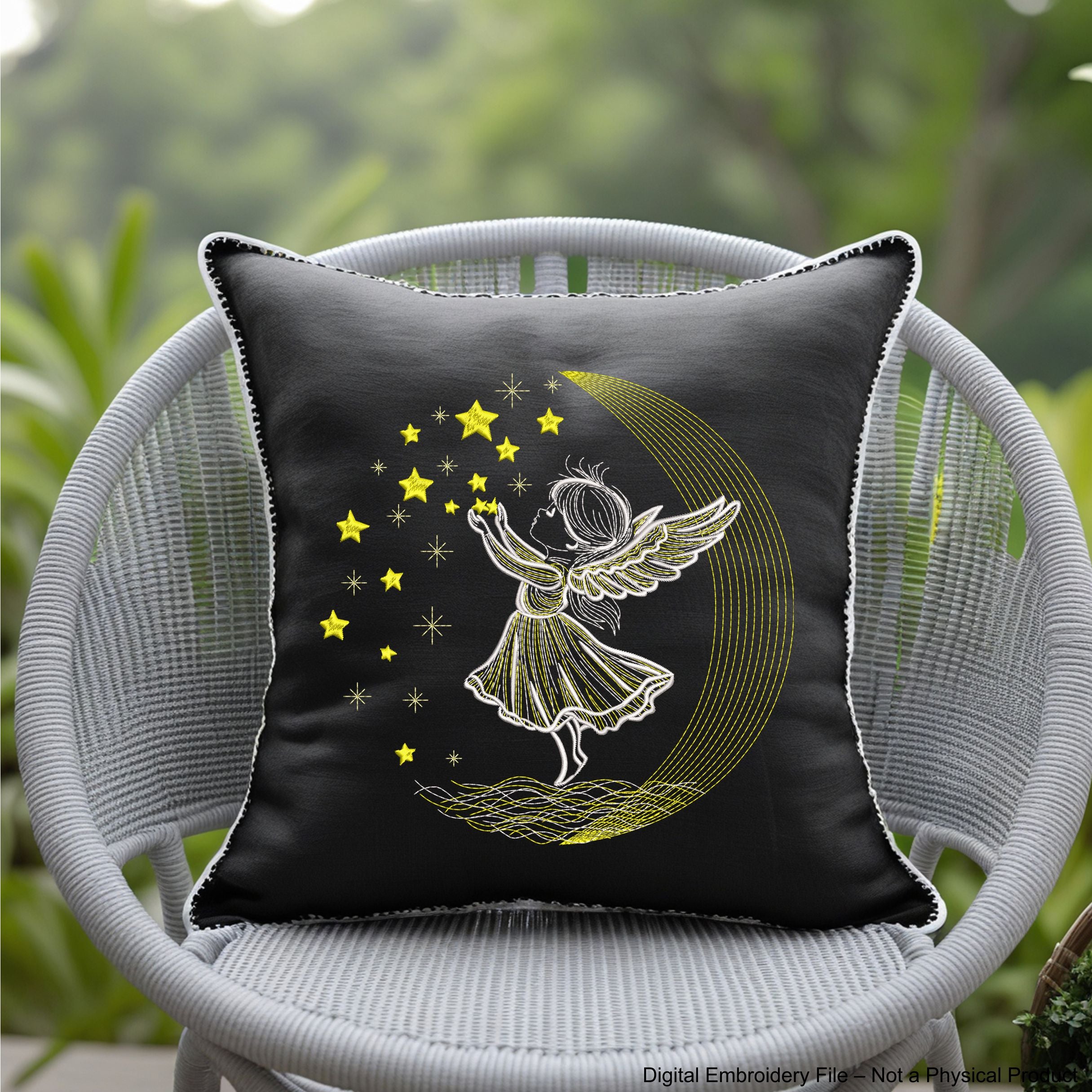 Angel girl touching stars on moonlight background machine embroidery design for Christmas.