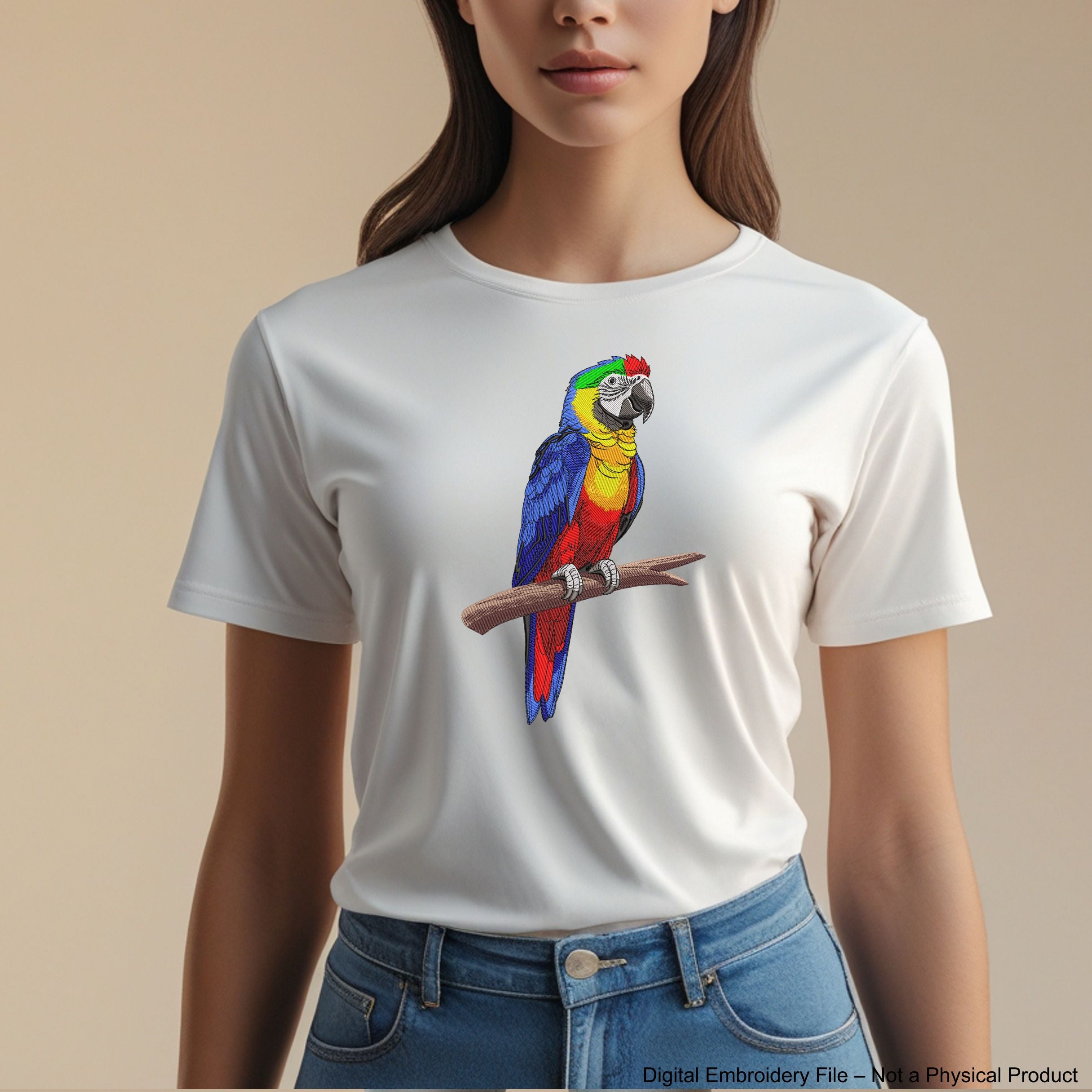 Colorful macaw parrot machine embroidery design sitting on a branch, digital file for embroidery machines.