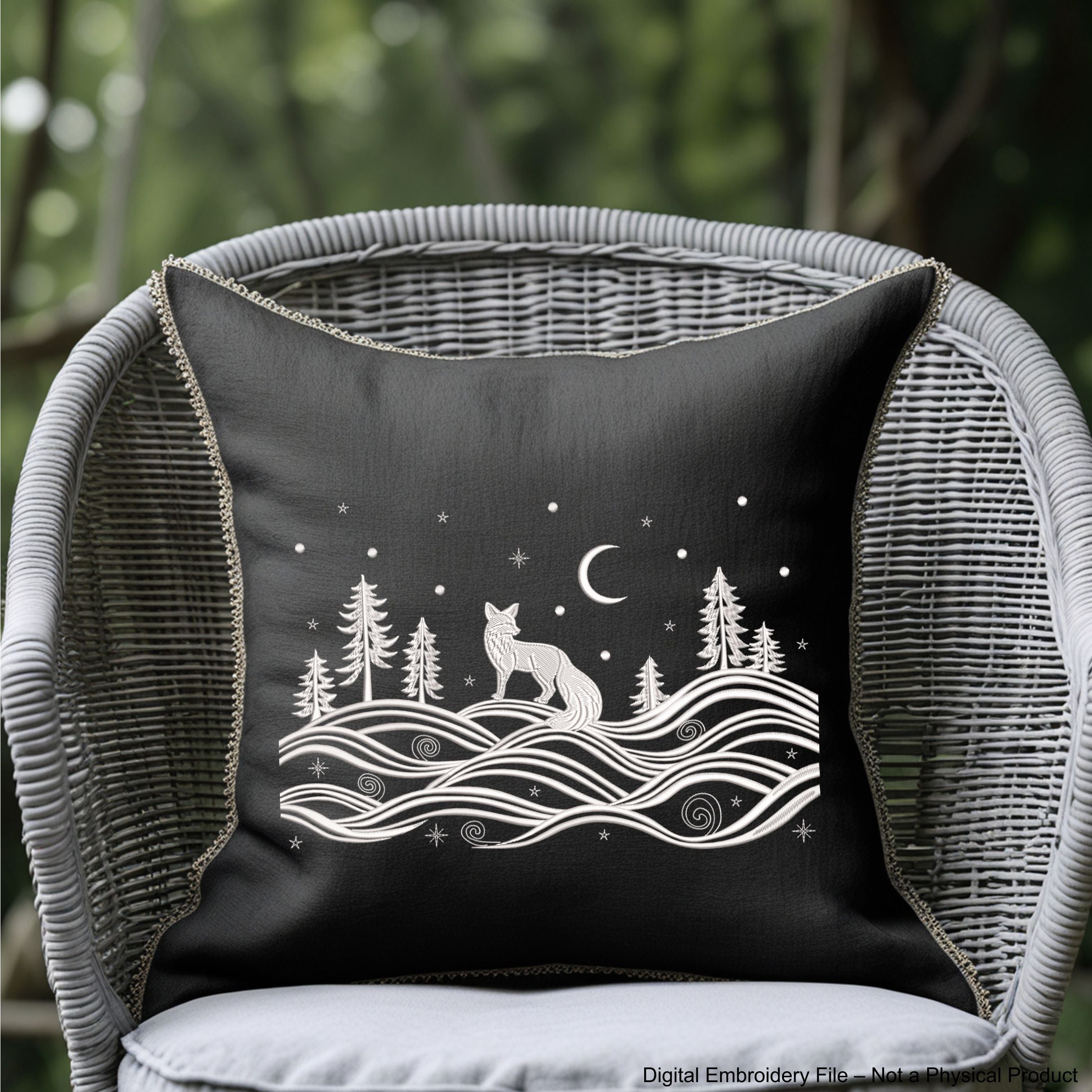 One color winter landscape embroidery design featuring a fox, trees, stars, and moon – perfect for Christmas and winter embroidery projects.