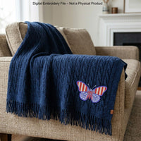 Patriotic butterfly machine embroidery design with decorative stars and number detail.