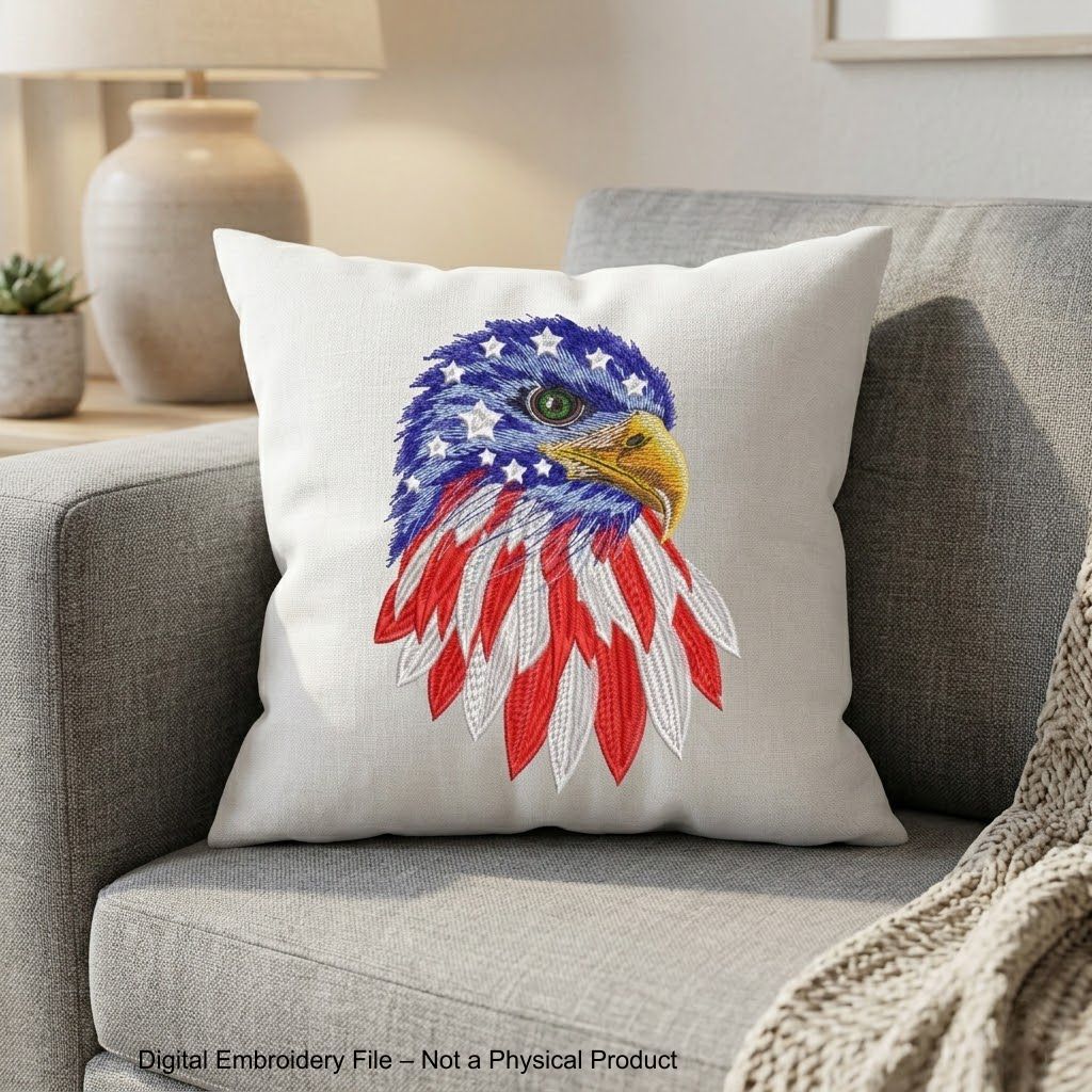 Patriotic eagle machine embroidery design with stars and red white blue feather pattern