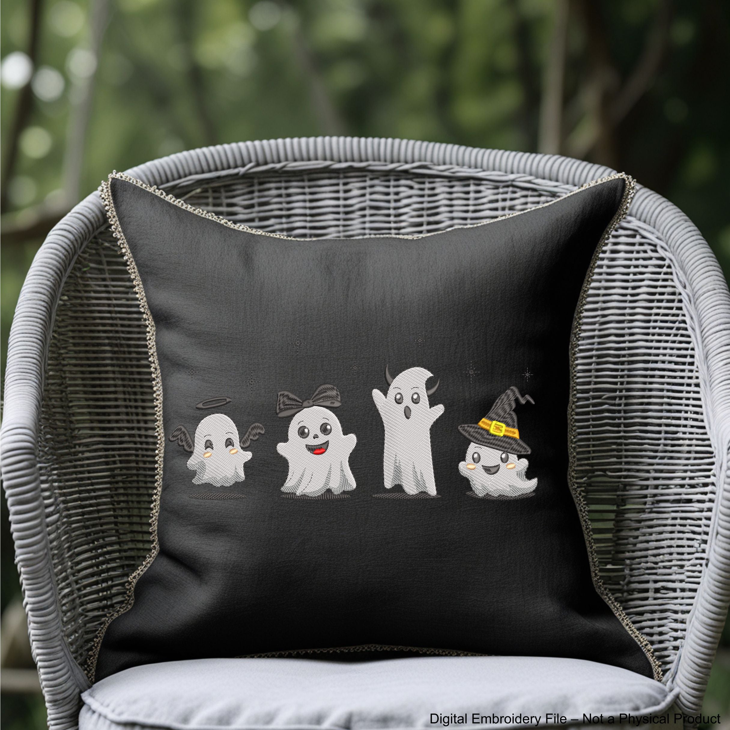 Halloween embroidery design with four cute funny ghosts – perfect for spooky seasonal sewing projects.