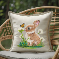 A collection of five high-quality machine embroidery designs: bunnies with butterflies, wildflowers, dandelions, and spring greenery in a realistic style.