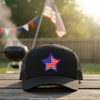 Machine embroidery design of a star filled with the USA flag, perfect for patriotic decorations and patches.
