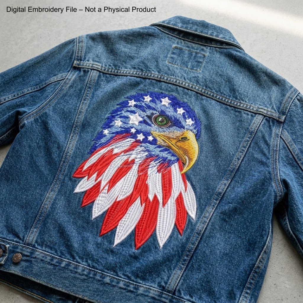 Patriotic eagle machine embroidery design with stars and red white blue feather pattern