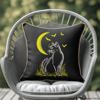 Halloween machine embroidery design with cat on the moon and flying bats – light outline, perfect for dark fabric.