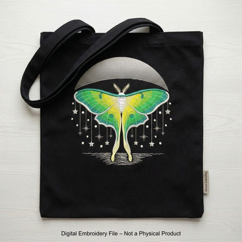 Four luna moth machine embroidery designs with celestial and decorative elements