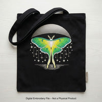 Four luna moth machine embroidery designs with celestial and decorative elements
