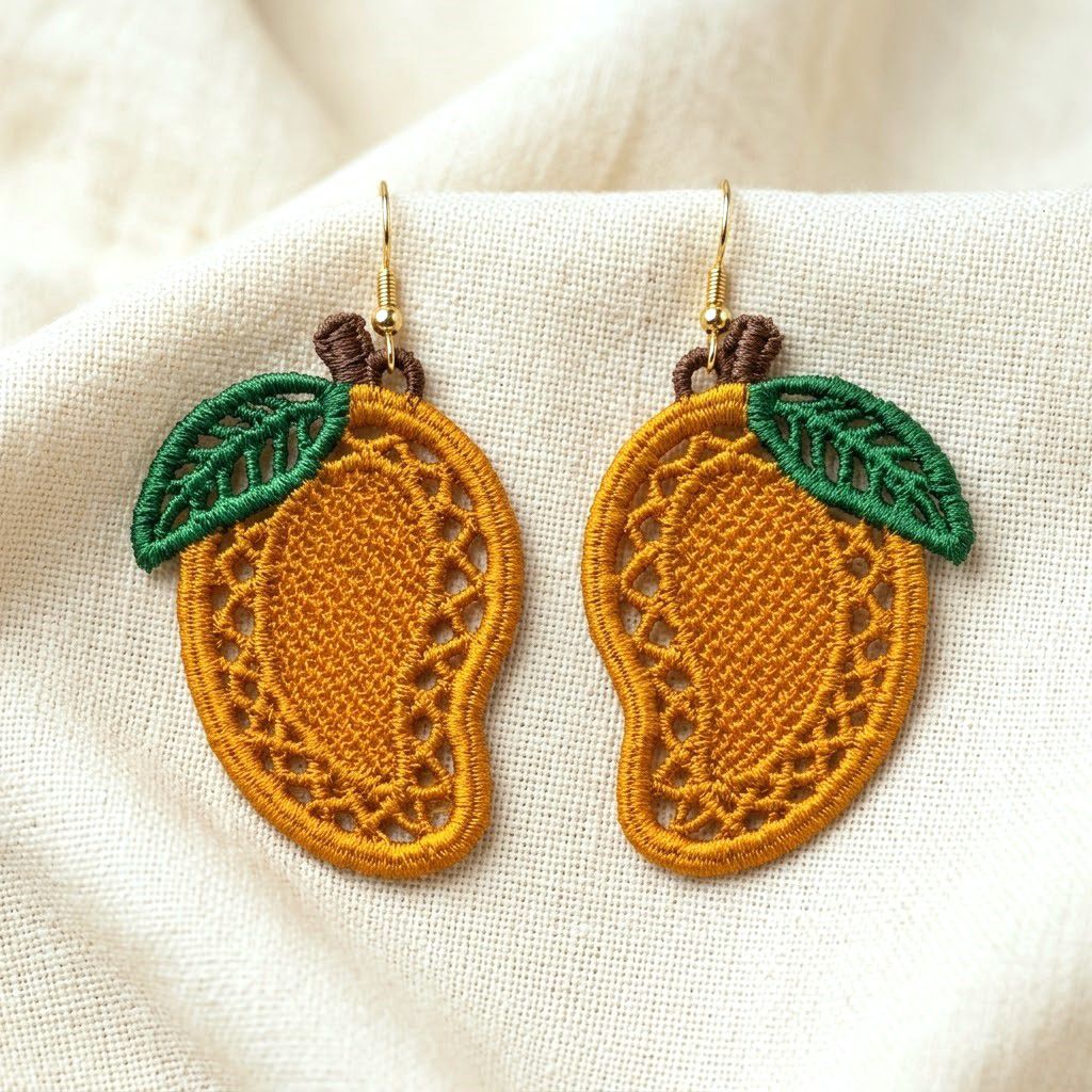 FSL mango embroidery designs in two sizes with mirrored pairs — golden lace body with green leaf — shown as design preview and finished stitched result, Free Standing Lace machine embroidery pattern for earrings and charms.