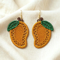 FSL mango embroidery designs in two sizes with mirrored pairs — golden lace body with green leaf — shown as design preview and finished stitched result, Free Standing Lace machine embroidery pattern for earrings and charms.