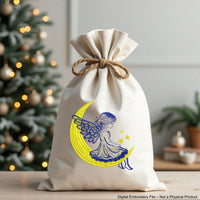 Angel girl sitting on the moon machine embroidery design, Christmas angel embroidery file for kids, 2-color easy stitch pattern