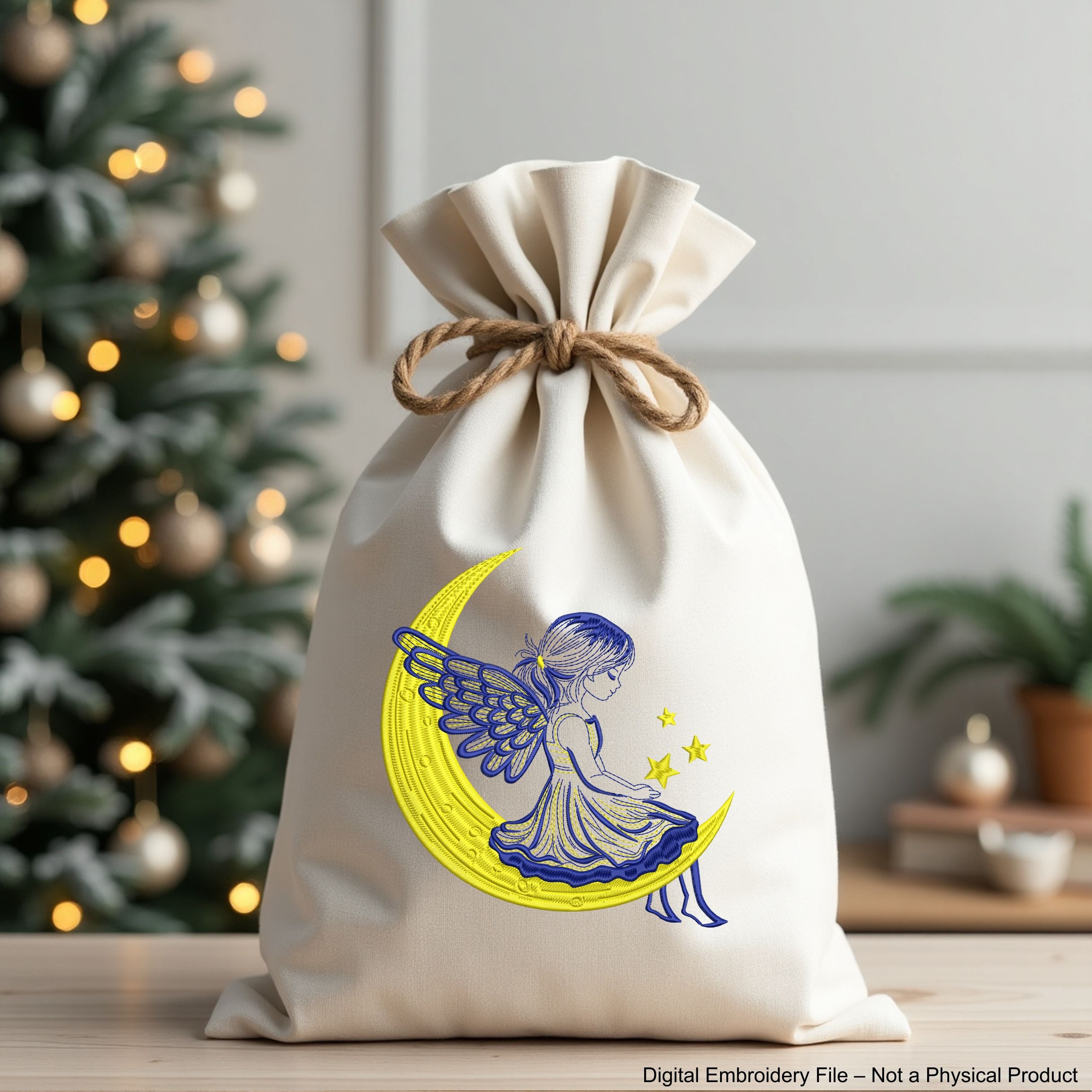 Angel girl sitting on the moon machine embroidery design, Christmas angel embroidery file for kids, 2-color easy stitch pattern