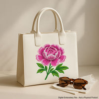 Machine embroidery design of a large pink peony flower with detailed stitching and green leaves, perfect for floral-themed projects and elegant decor.