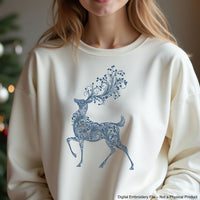 Elegant deer embroidery design with swirl pattern – one-color machine embroidery file for Christmas and winter projects.