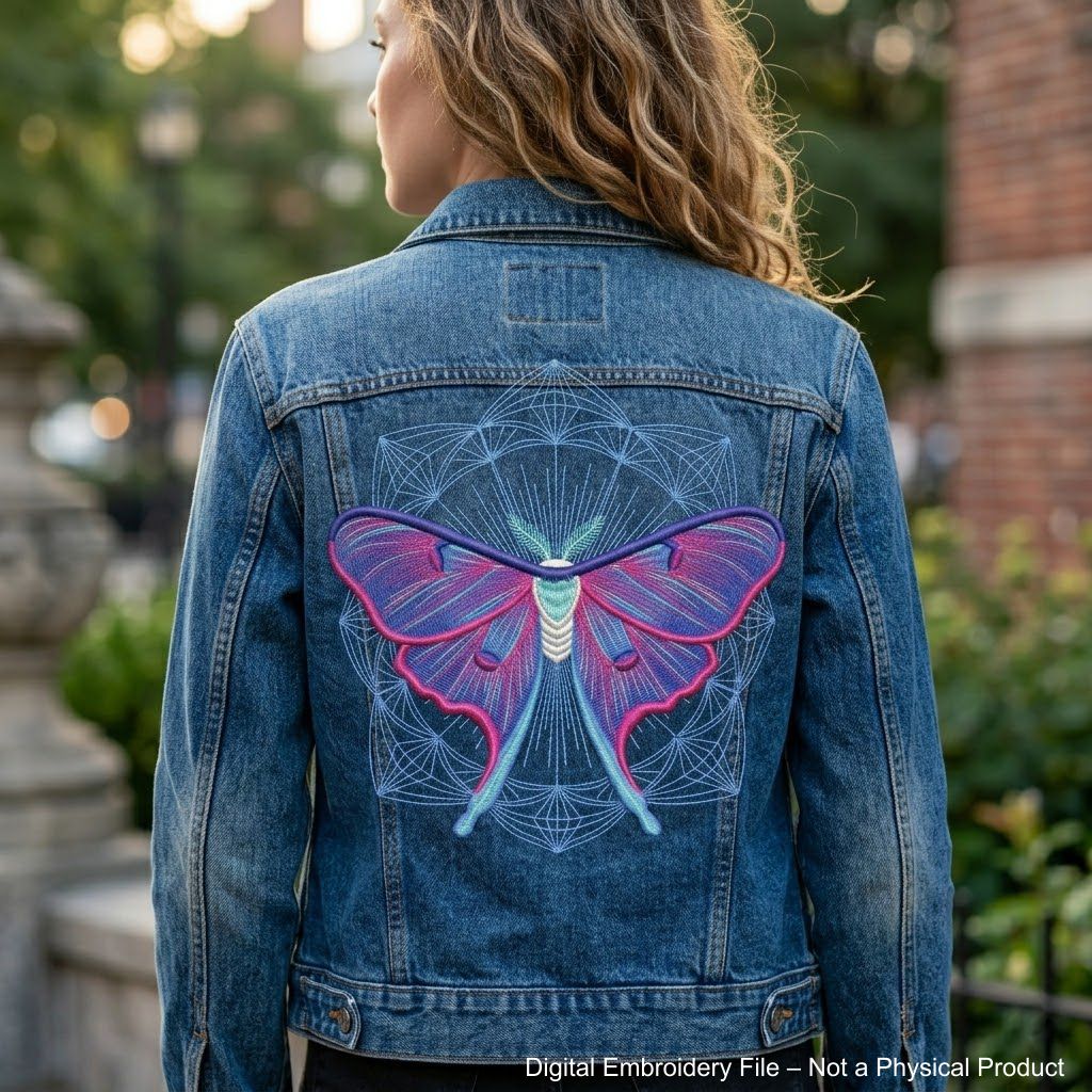 Four luna moth machine embroidery designs with celestial and decorative elements