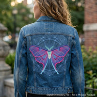 Four luna moth machine embroidery designs with celestial and decorative elements