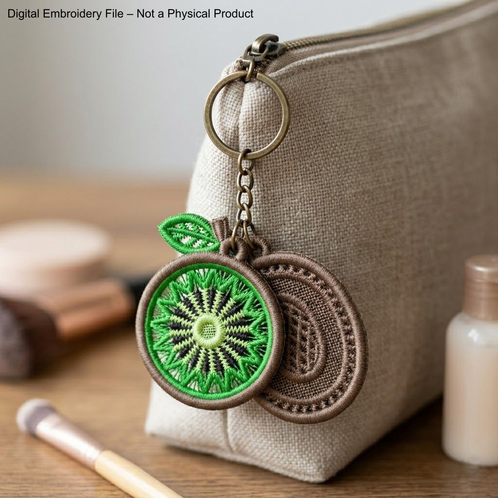 Four FSL kiwi embroidery designs in two styles — green kiwi cross-section and brown whole kiwi fruit — shown as mirrored pairs, Free Standing Lace machine embroidery pattern for earrings and pendants.