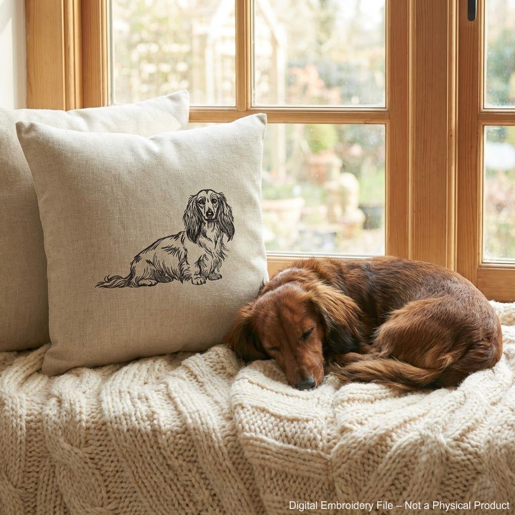 Long haired dachshund classic sitting pose machine embroidery file.