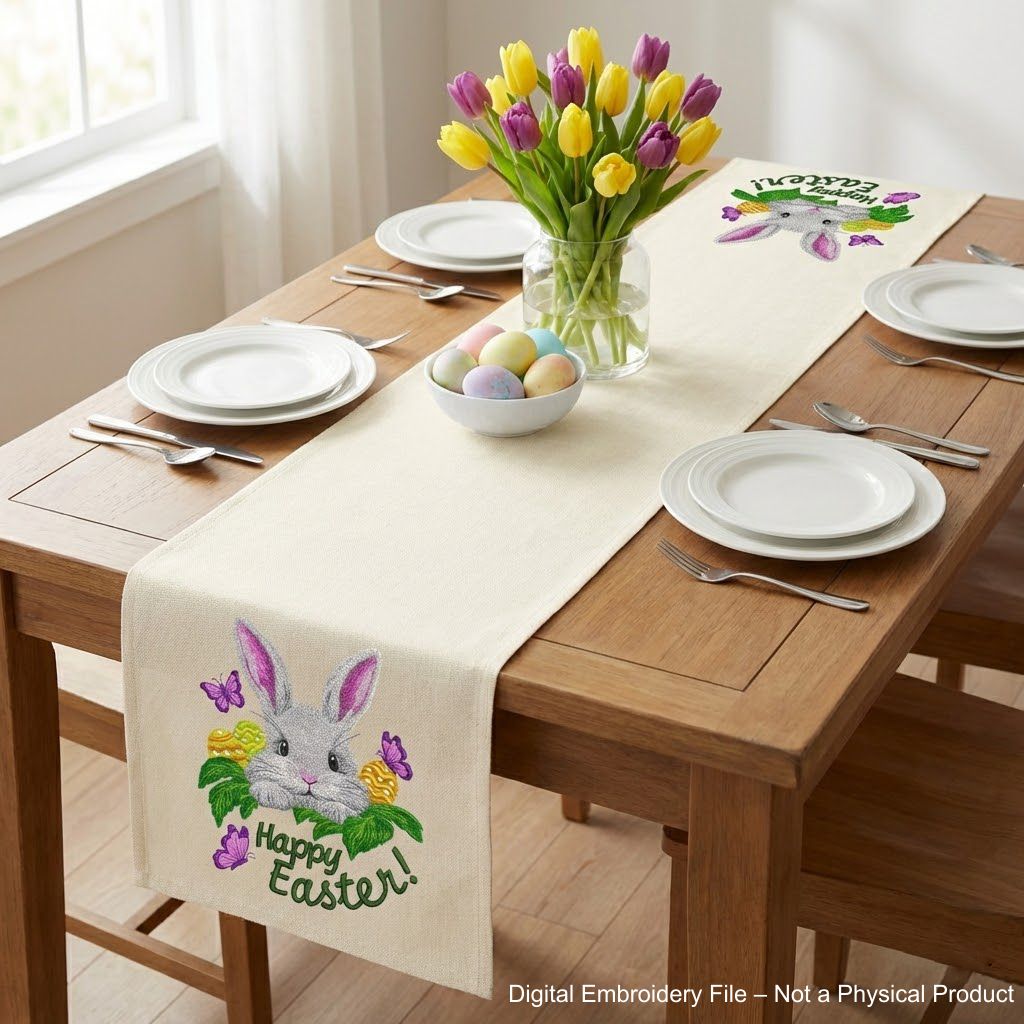 Easter bunny machine embroidery design with spring elements, cute rabbit embroidery with holiday theme